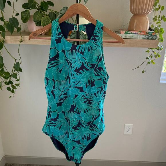 Lands End One Piece Swimsuit L Navy Teal Blue Tropical Racerback Modest Swimwear - Picture 1 of 6